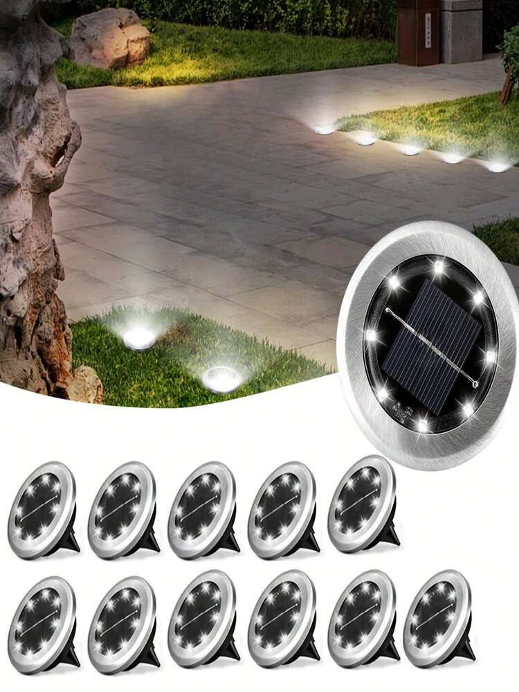 12 piezas Luces solares para exteriores, Luces solares de acero inoxidable con 8 LED empotrables, Focos solares impermeables, Adecuados para jardín, patio, terraza, escaleras, piscina, camino, entrada de vehículos, decoración del paisaje - Luces solares de suelo - Añade 17