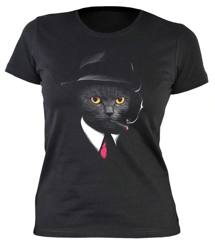Lady T-Shirt - Agent 00 Cat - Cool Shirts 4 Girls Ladies T-Shirt Funshirt Cat - Black - View 1