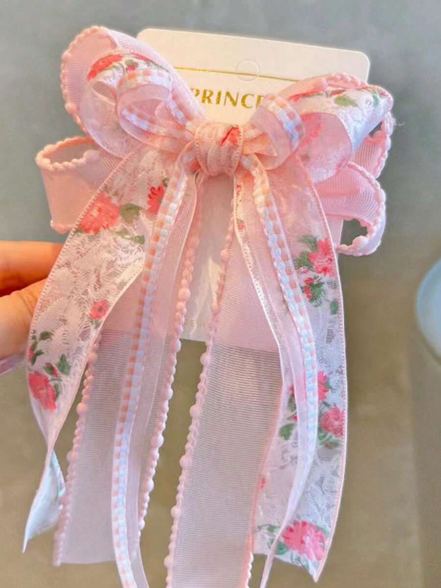 1 chiếc kẹp tóc nơ bằng satin in họa tiết lưới tươi tắn và ngọt ngào dành cho nữ - Nhiều màu - Xem 1