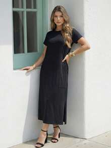 Comfortable Women's Midi Dress With Practical Pocket And Side Slit - Casual And Elegant - 黑色的 - 查看 5