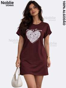 Women's Cotton T-Shirt Dress Printed Casual Loose 100% Cotton - 酒紅色 - 查看 1