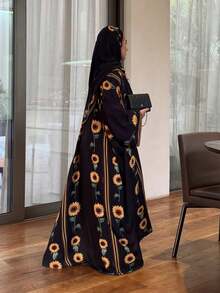 Blommig, modest kofta med huvudduk, gatumode-abaya - Svart - Visa 7