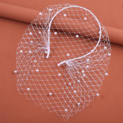 1pc Handmade Pearl Birdcage Veil Headband, Bridal Hair Accessories For Wedding, Prom, Party