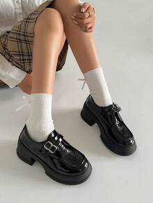 1 đôi giày Mary Jane đế cao bằng da PU màu trơn, kiểu dáng học sinh, phù hợp để mang đi làm mọi mùa. - màu đen - Xem 9