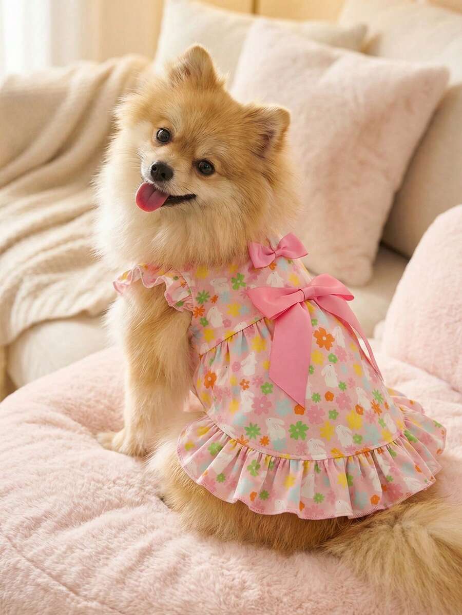 1件装花卉荷叶边宠物连衣裙，配粉色蝴蝶结 - 小型犬（博美犬/泰迪熊犬）可爱公主装