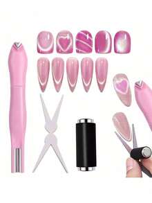 Pink 3D Heart Magnet, 6-In-1 Cat Eye Magnet With Dual Line And Moon Snake Pattern, Flower And French Nail Art Design, Multi-Effect UV Gel Nail Magnetic Tool Suitable For Home Salon DIY, Perfect For Nail Art Beginners, Nail Artists And DIY Enthusiasts, Great Gift For Valentine's Day And Mother's Day - Pink - View 9