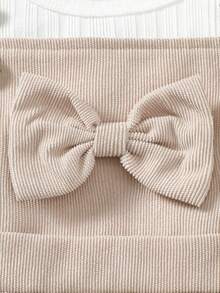 Ribbed Flutter Sleeve Inner Top + Bow Embroidery Suspender Skirt, Girls Gentle Preppy Style Daily Outfit - Apricot - View 7