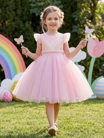 Young Girl Cap Sleeve Pink Tulle Sequin Mini Dress, Elegant Party Gown, Princess Dress Suitable For Girls' Wedding, Party, Birthday, Flower Girl, Bridesmaid, Formal Occasions