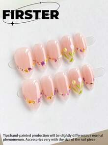 10 móng tay giả ngắn hình hạnh nhân, làm thủ công, họa tiết hoa khô và hoa tulip màu nude, bề mặt bóng, móng acrylic tái sử dụng được, phù hợp phong cách Y2K và trang phục hàng ngày mùa hè. - Nhiều màu - Xem 1