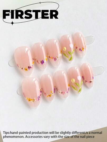 10pcs Short Almond Handmade Press On Nails, Nude Dried Flower & Tulip Fake Nails, Glossy Finish, Reusable Acrylic Nails For Y2K Style And Summer Daily Wear
