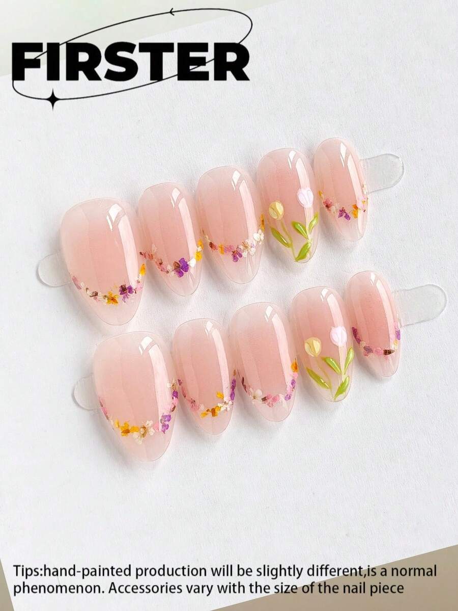 10 móng tay giả ngắn hình hạnh nhân, làm thủ công, họa tiết hoa khô và hoa tulip màu nude, bề mặt bóng, móng acrylic tái sử dụng được, phù hợp phong cách Y2K và trang phục hàng ngày mùa hè. - Nhiều màu - Xem 1