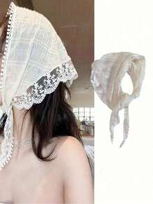 1pc Summer Floral Headband With Bowknot & Pearl Decoration, Elegant Lace Triangle Scarf Hair Accessories For Women, Beige Head Bandana, School Stuff, College Fall Winter Hair Band For Vacation Outfits Woman - 米色 - 查看 2
