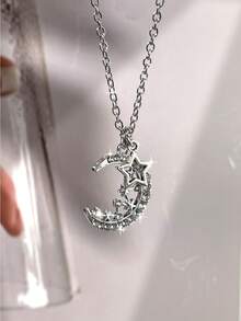 Romantic Star & Moon Rhinestone Pendant Necklace, Silver Color, Fashionable & Unique, Lucky Star Necklace, Suitable For Men And Women, Gift For Valentine's Day, Mother's Day - Silver - View 4
