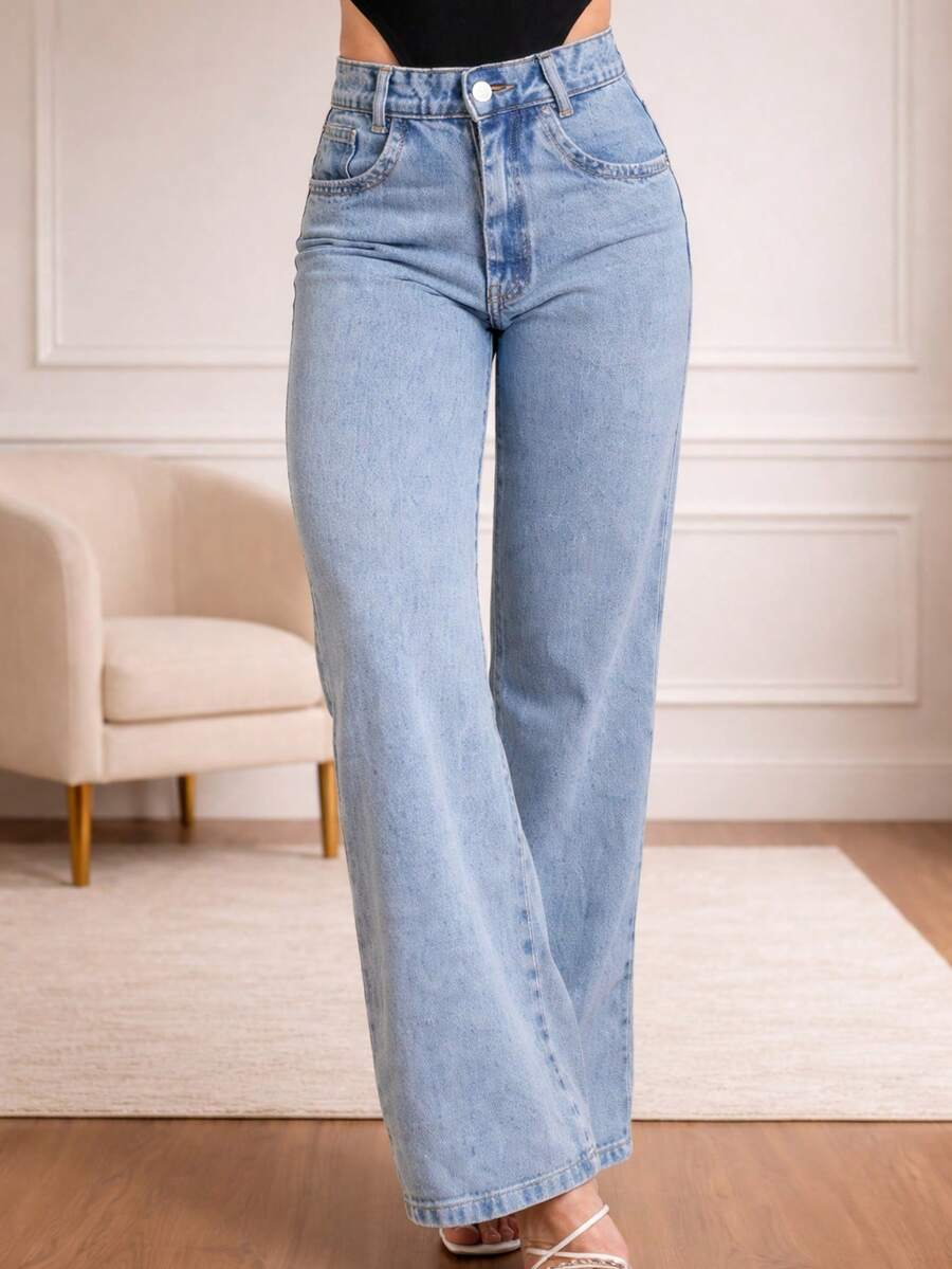 Women's Wide Leg Jeans With A Loose And Comfortable Fit - 淺色水洗藍 - 查看 1