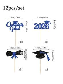 12pcs Congrats Grad 2026 Cake Toppers - Graduation Diploma & Cap Cake Decorations For High School, College 2026 Graduation Party - Blue Black - View 2