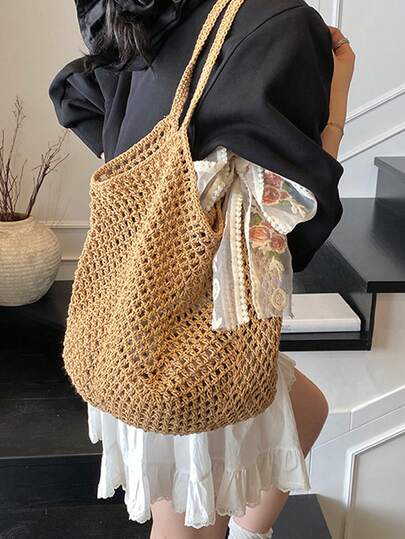Y2K风格大容量时尚编织手提包 - 镂空单肩包，女士沙滩包，钩针编织沙滩包，女士针织单肩包，夏季钩针包，女士沙滩包，镂空手工编织包，女士夏季休闲超大草编包，沙滩度假单肩手提包，波西米亚风夏季度假女士手提包