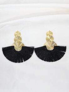 1对几何夸张流苏耳环，波西米亚风扇形耳环，女士百搭夏季日常/派对/度假佩戴 - 黑色 - 查看 4