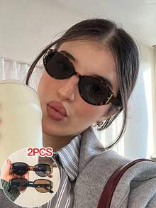 2 PCS Women's Vintage Oval Fashion Glasses Lightweight Polycarbonate Frame No Nose Pressure Tea And Gray Lenses Suitable For Daily Commute With Glasses Box - Multicolor - View 1