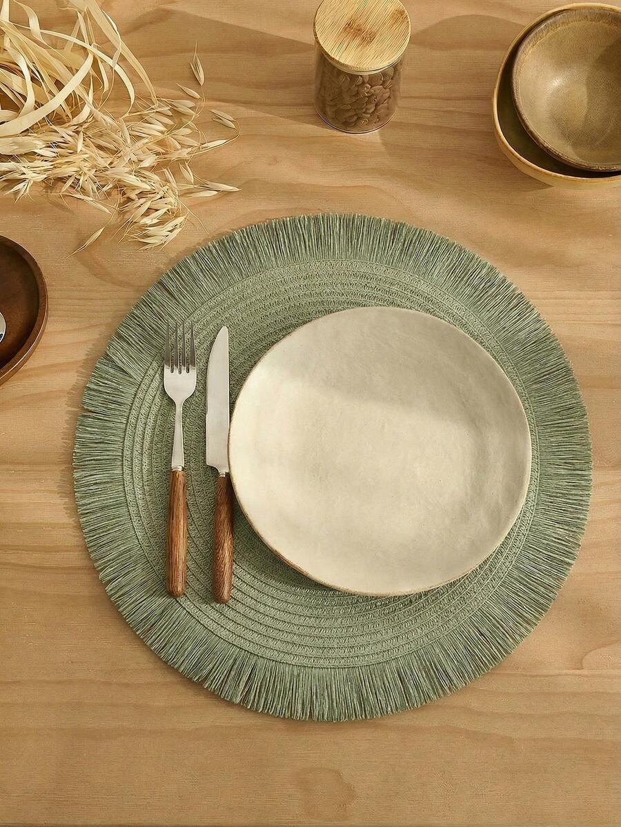 1/4/6/12pcs Bohemian Style Paper Round Placemats, Non-Slip Woven Coasters For Bowls, Plates, Cups, Suitable For Holidays, Parties, Birthdays, Weddings, Dinners, Coffee Tables, Home Decor (Note: The Material Is Paper And Cannot Be Washed) - Green - View 1