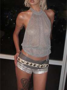 Awevudst Women's Glitter Sheer Mesh Halter Tops Mock Neck Backless See Through Cinched Waist Crop Tank Tops Casual Summer Vest Party Going Out Tops Clubbing Rave Costumes Vacation Beachwear - 灰 - 查看 1