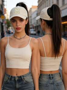 1顶女士定制A-Z字母马尾辫棒球帽，休闲凌乱发髻马尾辫帽，轻便鸭舌帽，遮阳帽，时尚鸭舌遮阳帽，适合户外运动和日常休闲穿着 - 米色 - 查看 7