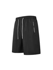 1pc Men's Black Lightweight Breathable Shorts, Men's Beach Shorts With Side Pockets, Letter Print, Drawstring Waist, Casual Vacation Style, Machine Washable, Soft Skin-Friendly Fabric, Summer Daily Beach Wear - Black - View 3