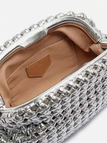 Medium Silver Black Gold Braided Crossbody Bag With Chain - Silver - View 7