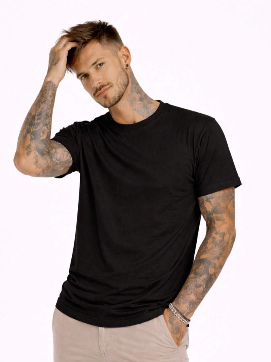 Men's Basic Casual Plain T-Shirt In Premium Combed Cotton, Sizes S To XL - 黑色 - 查看 1