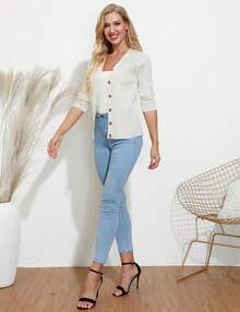 Women's Long Sleeve Button Up Cardigan Sweaters Ribbed Knit Open Front Casual - White - View 3