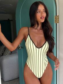 Bộ bikini liền thân kẻ sọc màu vàng dành cho nữ, trang phục đi biển thời trang cho mùa hè. - Màu vàng - Xem 7