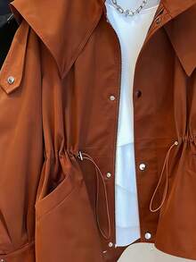 1pc Solid Color Woven Fabric Drawstring Pocket Front Button Trench Coat, Casual Spring/Autumn - Rust Brown - View 4