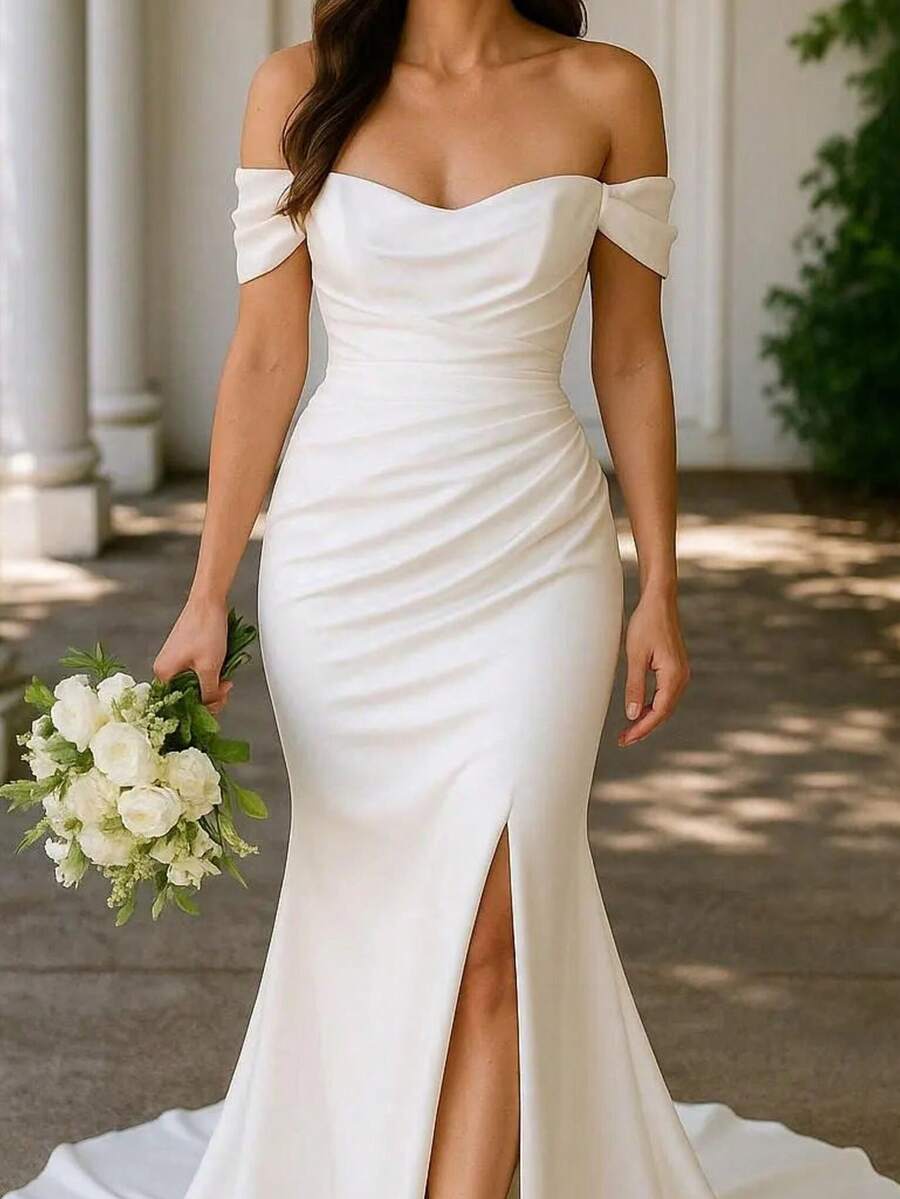 White Off-The-Shoulder Satin Mermaid Wedding Dress, Romantic Sweetheart Neckline Bridal Gown With Ruched Waist, High Slit & Buttoned Back Detail, Glossy Smooth Satin Fabric, Timeless Elegant Bridal Fashion Style, Perfect For Columned Venue Wedding, Formal Outdoor Ceremony, All Seasons, Figure-Hugging Silhouette, Floor-Length Design, Honeymoon Photoshoot Outfit, Destination Wedding Occasion, 2026 Bridal Collection, Wedding Dress For Bride - 白色 - 查看 1