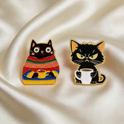 两枚咖啡猫珐琅胸针套装，早起者的救星！咖啡黑猫珐琅胸针，忙碌工作者的治愈系饰品，可爱黑猫胸针，咖啡主题，复古毛衣猫装饰胸针，装饰胸针和珠宝礼品
