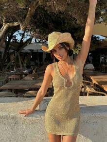 Đầm mini dệt kim không tay màu vàng kim HoloChill dành cho nữ, có chi tiết khoét lỗ và họa tiết hình tròn, đầm len ôm sát co giãn, đầm hè, đầm đi nghỉ mát, đầm dự tiệc thanh lịch, đầm đi biển, đầm dự đám cưới, đầm sinh nhật, đầm duyên dáng, đầm đi biển, đầm thường ngày. - Màu xanh Ô liu - Xem 8