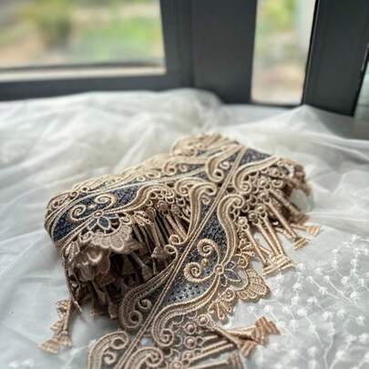 100厘米手工欧式刺绣花边，优雅浅棕色重工刺绣流苏饰边，适用于窗帘装饰、沙发靠垫、桌布、床品包边，宽幅装饰饰边