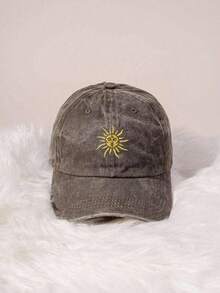 1 Embroidered Sun-Patterned Outdoor Baseball Cap For All Seasons, Vintage Washed Unisex Trucker Cap, Breathable And Adjustable Women's Golf Sun Hat, Stylish Curved Brim Men's Sun Hat, Y2K Couple's Sun Hat - Màu vàng - Xem 1