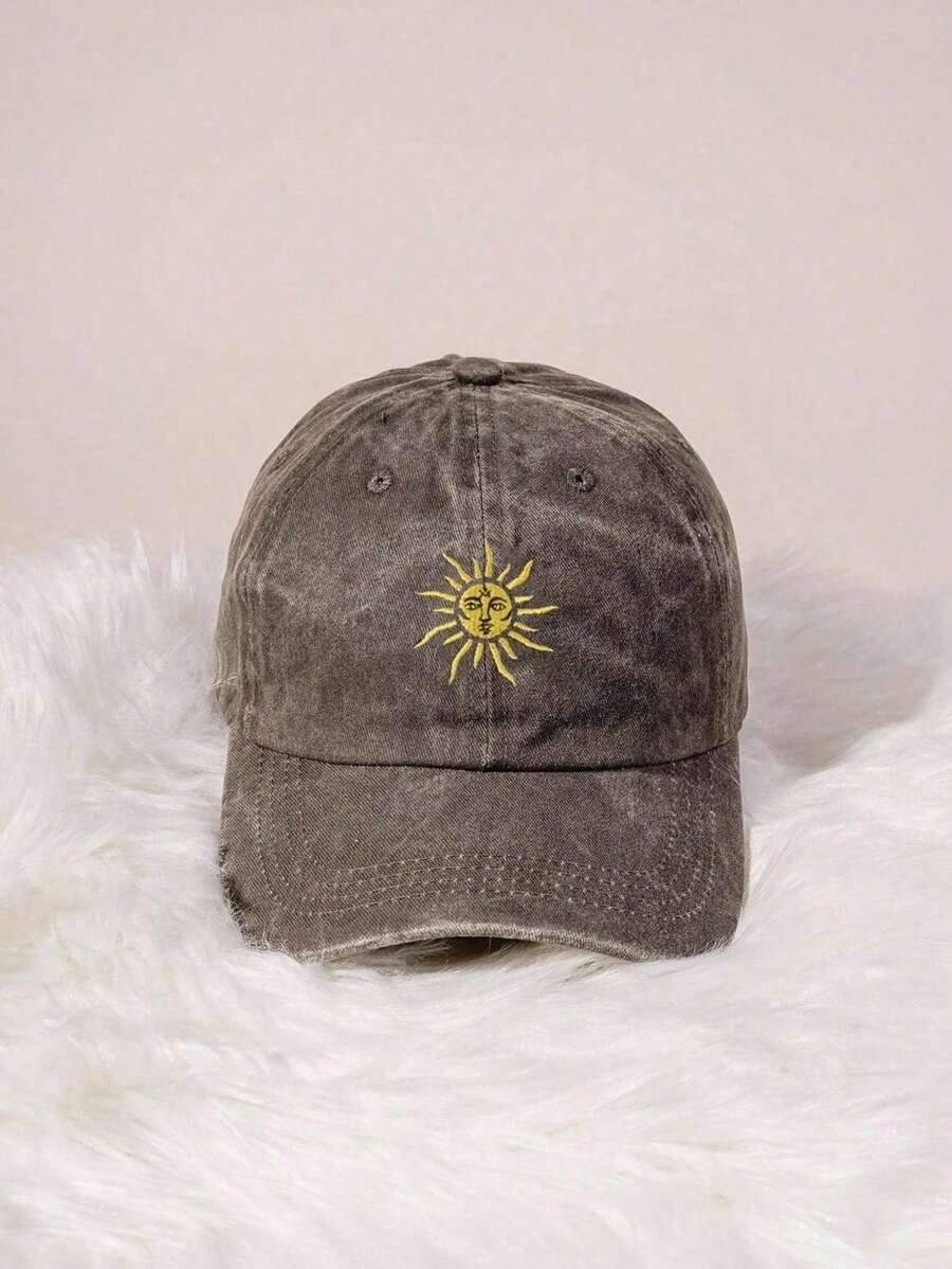 1 Embroidered Sun-Patterned Outdoor Baseball Cap For All Seasons, Vintage Washed Unisex Trucker Cap, Breathable And Adjustable Women's Golf Sun Hat, Stylish Curved Brim Men's Sun Hat, Y2K Couple's Sun Hat - Màu vàng - Xem 1