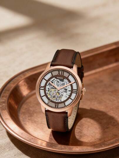 Đồng hồ Fossil Townsman ME3259 nam, mạ vàng hồng, thép không gỉ, mặt số rỗng màu nâu, máy tự động, dây da.