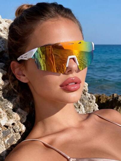 一副男女通用的超大彩色时尚运动眼镜，适合家庭出游、旅行、运动、海滩、音乐节、假期、夏季配饰、防紫外线、驾驶、度假、高尔夫、徒步旅行、街头风格、户外穿着、营造度假氛围、优雅装扮、街头风格配饰、运动、派对、钓鱼、户外活动、假期、户外活动、防晒、度假