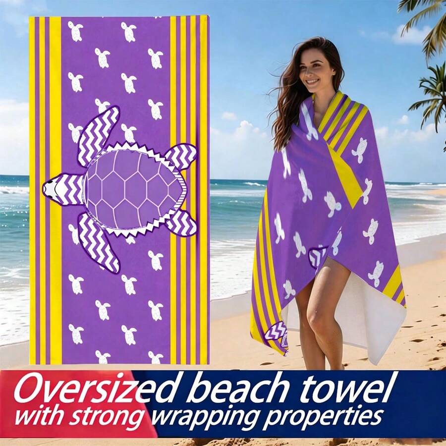 1pc Marine Life Sea Turtle Series Microfiber Beach Towel, Beach Blanket With Print, Multiple Sizes, Lightweight, Suitable For Swimming, Camping, Sports, Beach Or Gym - Yellow Striped Sea Turtle - View 1