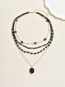 1 buah Kalung Liontin Manik-Manik Berlapis Gaya Bohemian Kreatif untuk Wanita, Cocok untuk Pemakaian Sehari-hari dan Liburan - Hitam - N362 - View 4