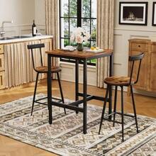 Bar Table And Stool Set, Dining Table With Two Chairs With Footrests, Metal Frame, Industrial Style Bar Table Set, Suitable For Dining Rooms, Living Rooms, Etc., Rustic Brown Finish, 60cm*60cm*90cm - Brown - View 1