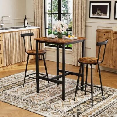 Bar Table And Stool Set, Dining Table With Two Chairs With Footrests, Metal Frame, Industrial Style Bar Table Set, Suitable For Dining Rooms, Living Rooms, Etc., Rustic Brown Finish, 60cm*60cm*90cm