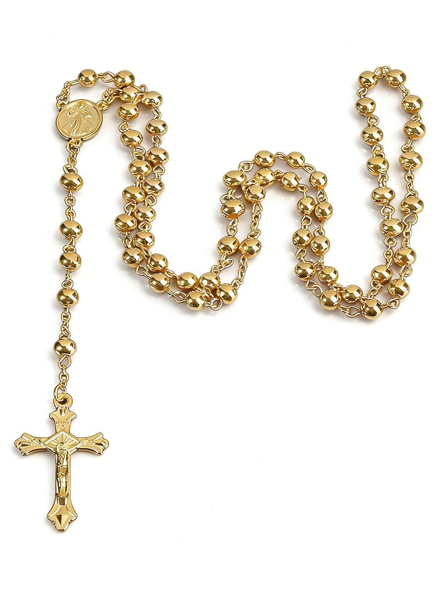 Collar de cadena con cuentas, colgante de cruz, joyería de estilo hip-hop punk, collar de rosario, collar con colgante exquisito - Collar rosario de 6 mm - Ver 1