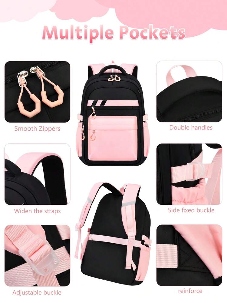 1 Set Colorblock Backpack Set, Cute Backpack In Multiple Colors, Adjustable Shoulder Straps, Luggage Strap, Suitable For Back To School, With Laptop Compartment, Great For Campus And Light Travel - Three-piece Set - View 5