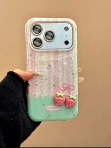 防震草莓元素时尚甜美少女星条纹3D手机壳，适用于 17 Pro Max，全包防摔，兼容 16 Pro、15、16 Pro Max春季款 - 粉色 - 查看 7