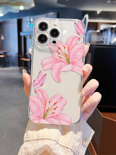 1个粉色百合蝴蝶印花2D图案手机壳，优雅百搭的设计，适合作为生日礼物送给男友、兄弟、爸爸、朋友、叔叔、弟弟、情侣或自己。透明软壳，提供全面保护，防尘防水，兼容 17/16/15/14/13/12/11/Pro/Pro Max/X/XR/XS/XS Max/7/8/Plus和A05/13/14/23/24/25/32/33/34/52/53/54/55/56，Galaxy S20/21/22/23/24/25/Plus/Ultra/Fe