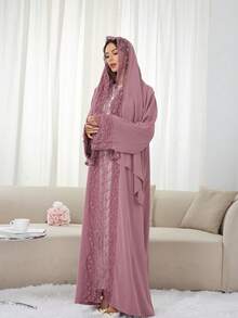 1 Set Hijab + Open Abaya Islamic Mid-Length Dress, Turkish Dubai Abaya Robe With Headscarf, Suitable For Women's Daily Wear Spring - Multicolor - View 5