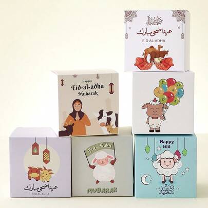 6/12/18/24 Peças Caixas de Presente Cartoon Eid Al-Adha, Caixas de Doces do Festival Muçulmano Eid Al-Adha, Caixas de Embalagem de Lembranças Vazias Eid Al-Adha