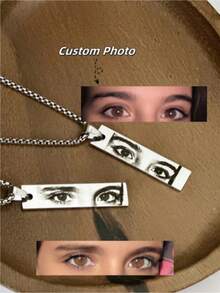 Custom Engraved Photo Bar Necklace, Personalized Eye Portrait Image Pendant, 18K Gold Plated Stainless Steel Square Chain, Emotional Jewelry Gift - Silver Sculpted Eyes - View 3
